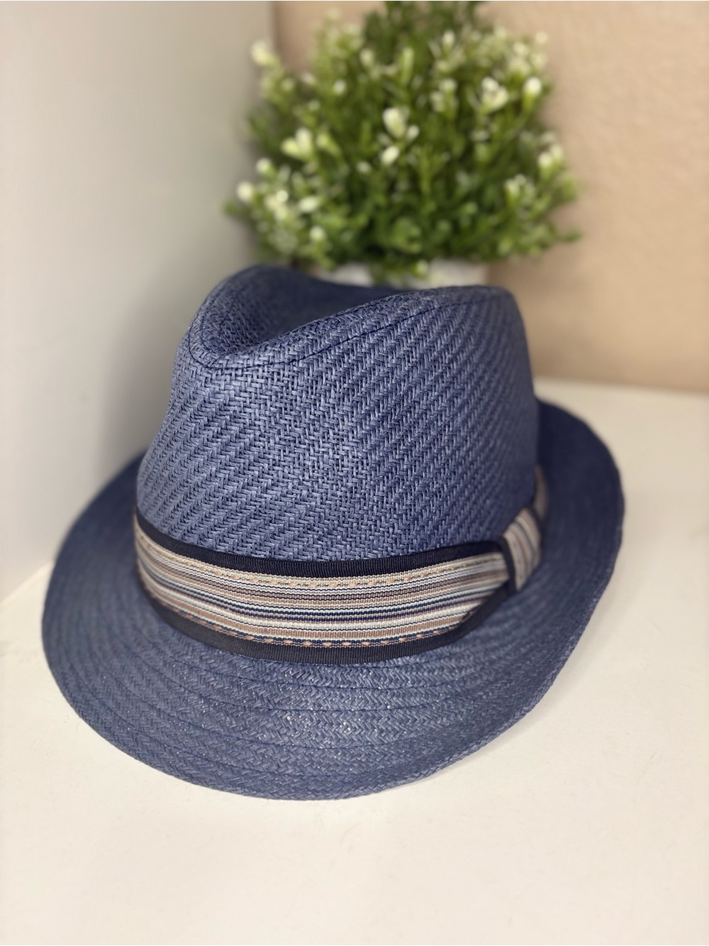 David & Young Blue Woven Straw Fedora Hat M/L Boho Summer Beach Style